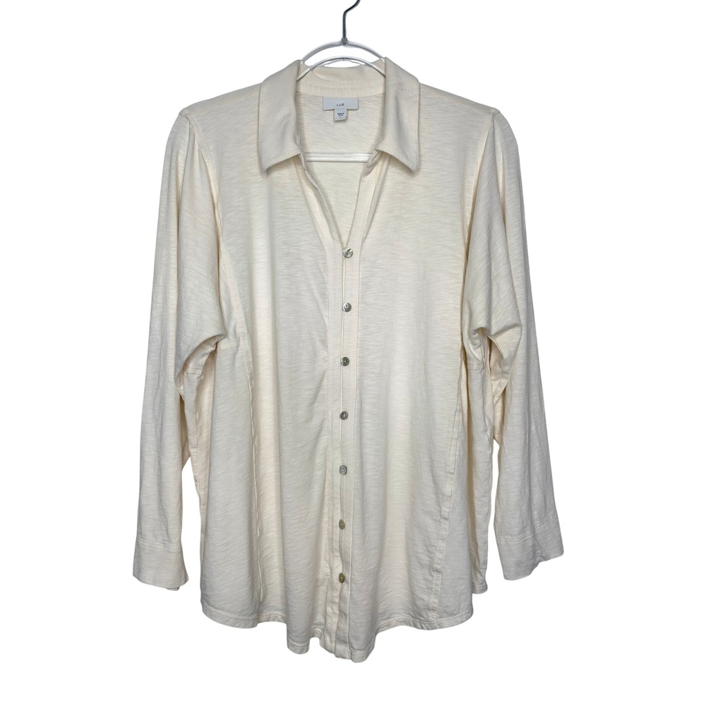 J Jill Button Down Shirt Size L Cream Slub Knit Tencel Cotton Long Sleeve
